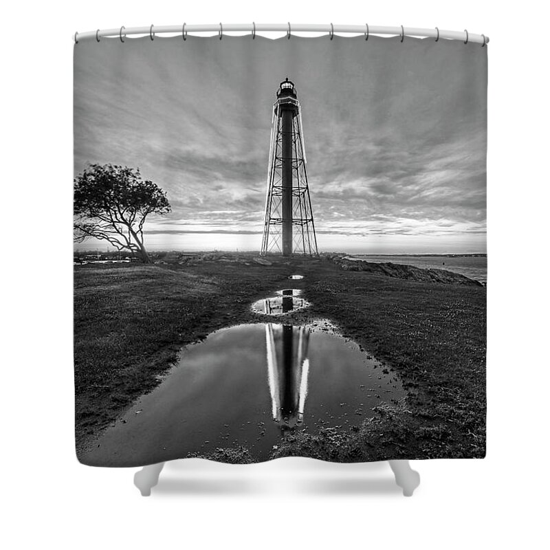 Marblehead Shower Curtain featuring the photograph Sunset in Chandler Hovey Park Marblehead Light Tower Reflection Black and White by Toby McGuire