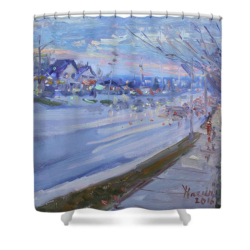 Sunset Shower Curtain featuring the painting Sunset in Guelph St Georgetown ON by Ylli Haruni
