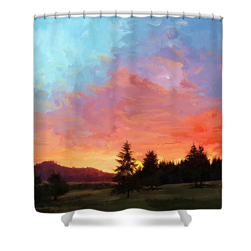 Beautiful Shower Curtain featuring the digital art Sunset in Oregon by Debra Baldwin