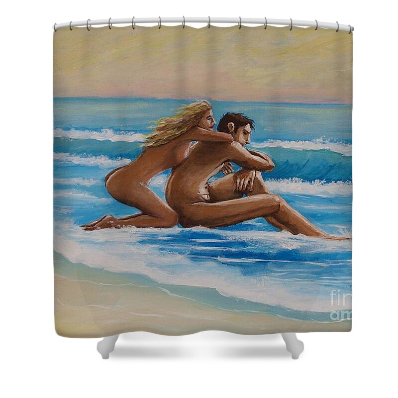 Sunset Shower Curtain featuring the painting Sunset in the beach by Jean Pierre Bergoeing