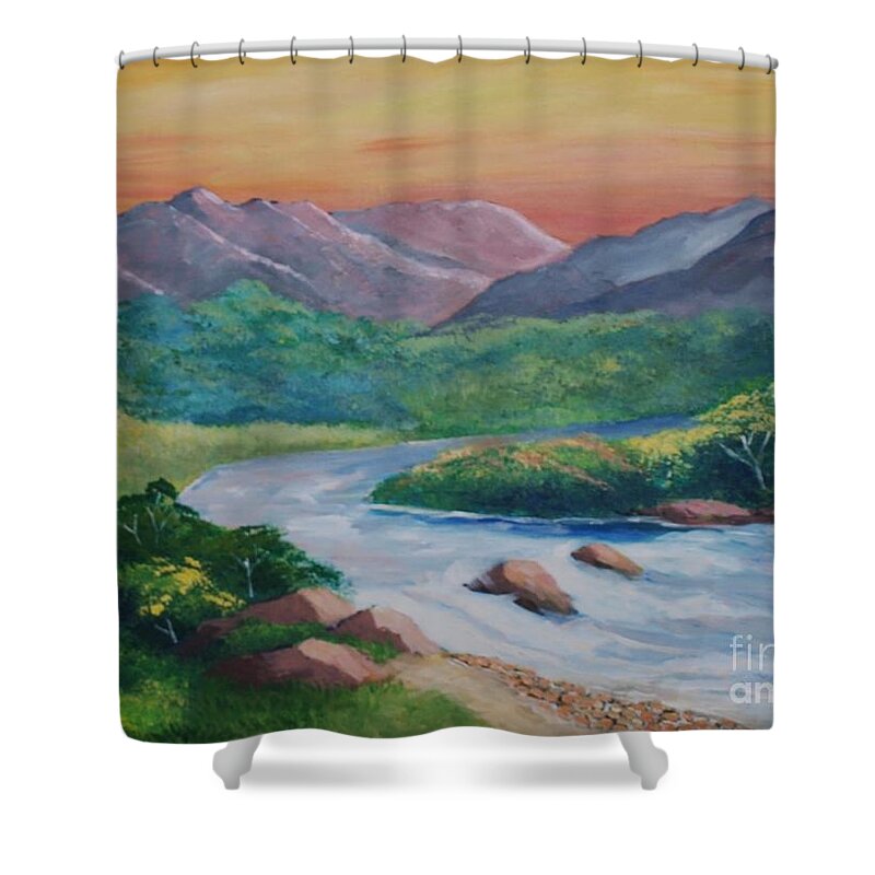 River Shower Curtain featuring the painting Sunset in the River by Jean Pierre Bergoeing