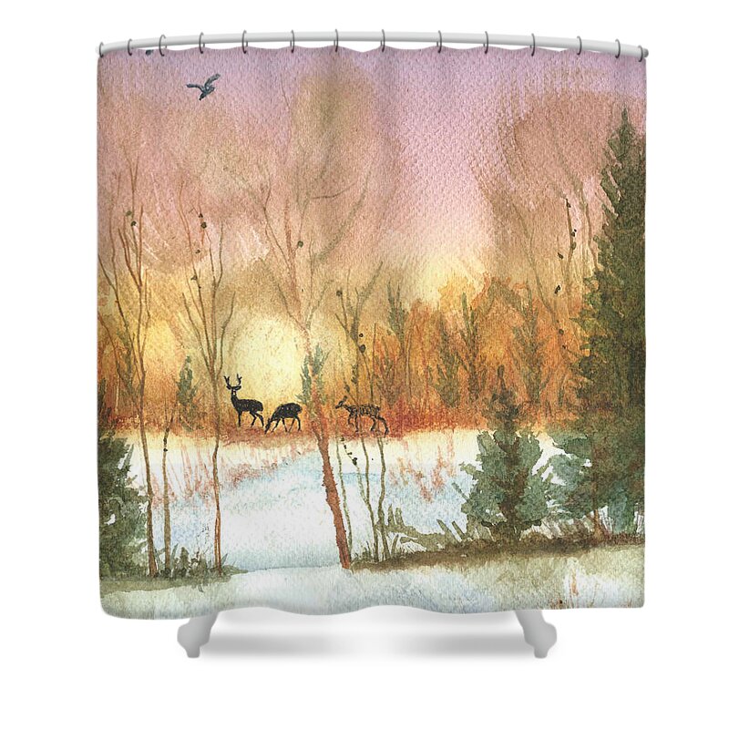 Deer Shower Curtain featuring the painting Sunset in the Winter Forest by Elise Boam