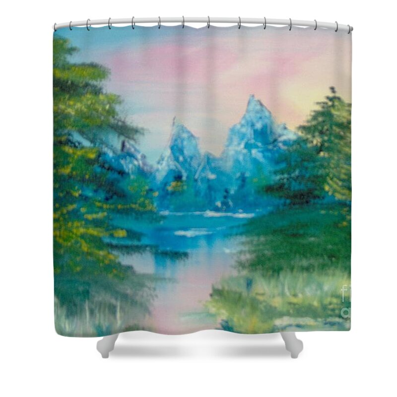 Landscape Shower Curtain featuring the painting Sunset Lake by Saundra Johnson