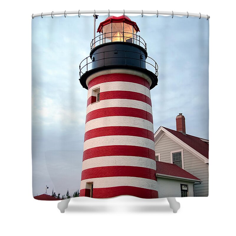 Maine Lighthouses Shower Curtain featuring the photograph Sunset Lighthouse by Brenda Giasson