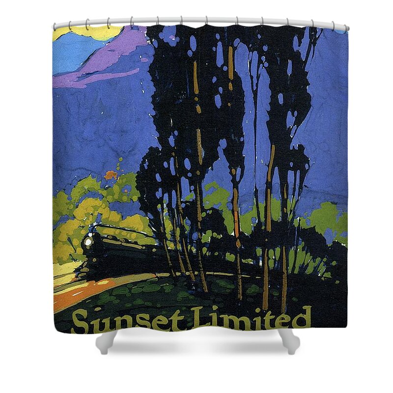 Landscape Painting Shower Curtain featuring the painting Sunset Limited - Steam Engine Locomotive through the forest highlands - Vintage Railroad Advertising by Studio Grafiikka