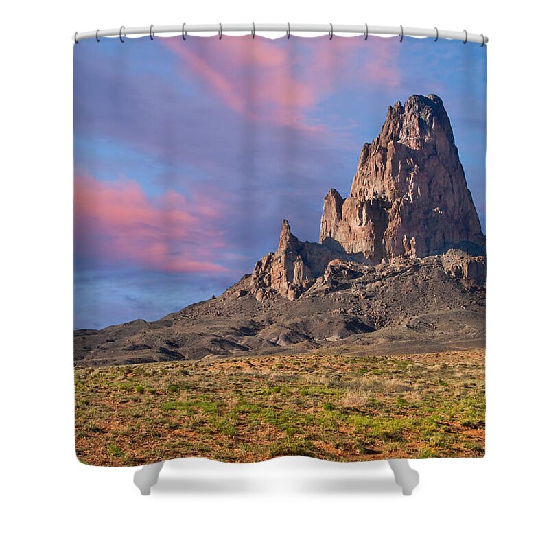 Arid Climate Shower Curtain featuring the photograph Sunset on Agathla Peak by Jeff Goulden