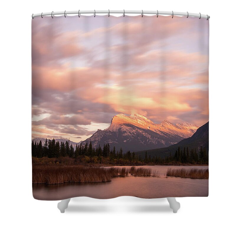 Mount Rundle Shower Curtain featuring the photograph Sunset on Mount Rundle by Alex Lapidus
