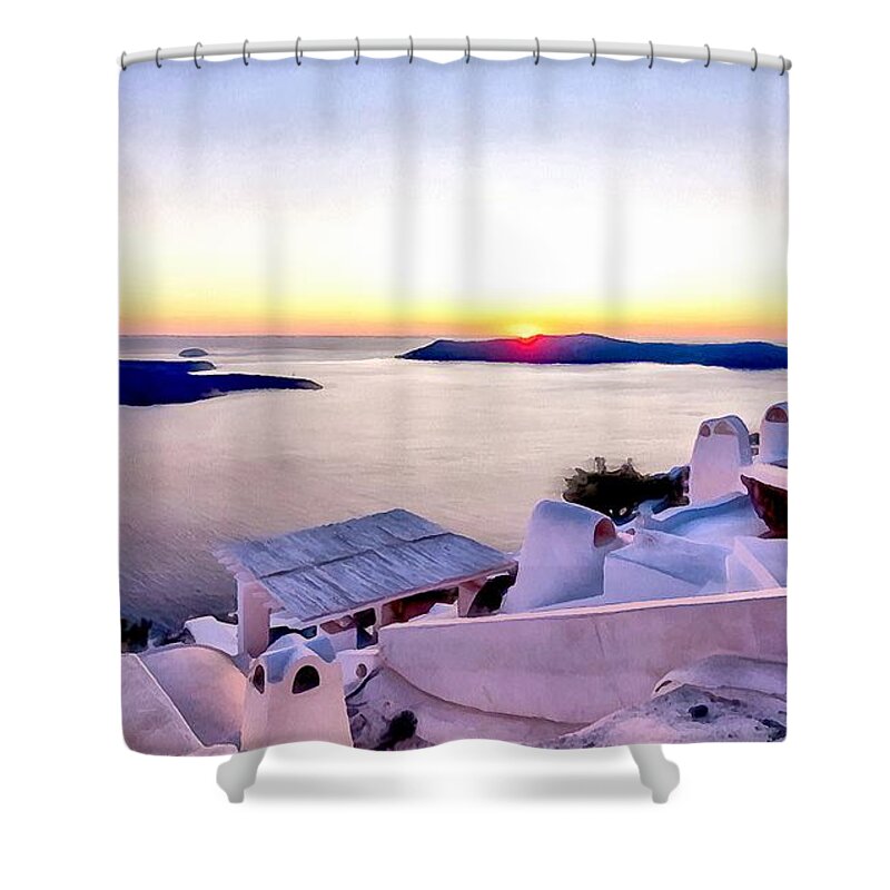 Caldera. Tree Shower Curtain featuring the digital art Sunset on Santorini by Sergey Simanovsky