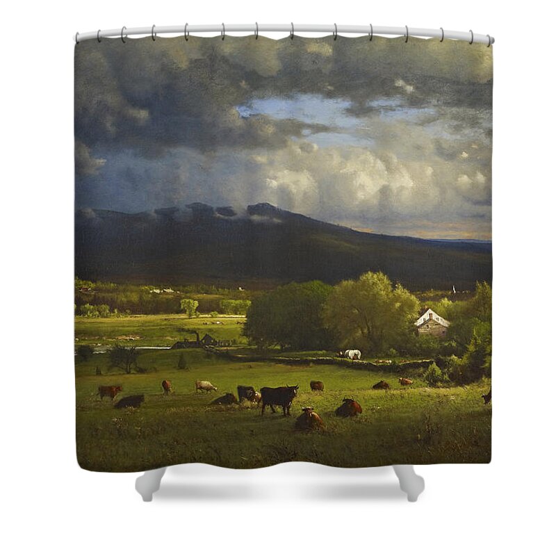 Sunset On The River By George Inness Shower Curtain featuring the painting Sunset on the River by George Inness