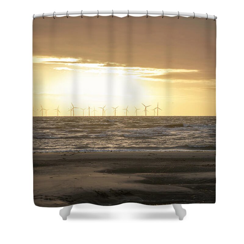 Beach Shower Curtain featuring the photograph Sunset over Burbo Bank Windfarm by Spikey Mouse Photography