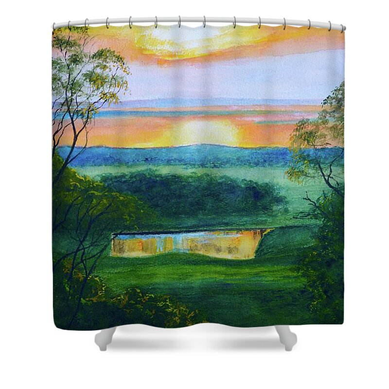 Westernport Shower Curtain featuring the painting Sunset over French Island in Westernport by Dai Wynn