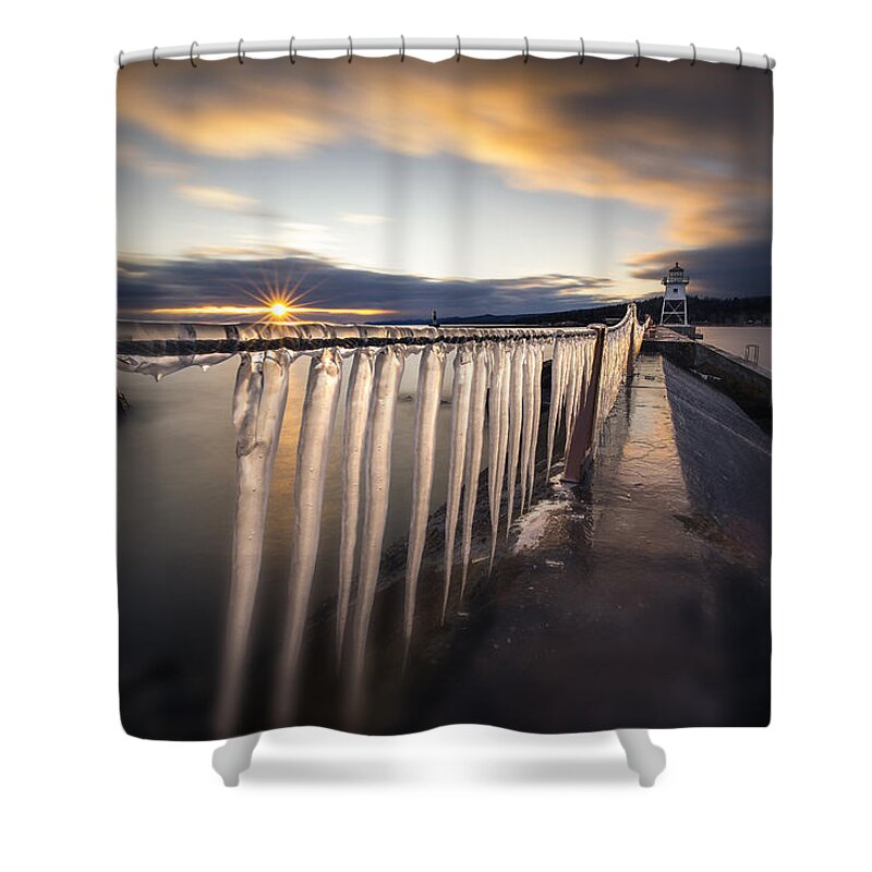 Canada Shower Curtain featuring the photograph Sunset over Grand Marais Lighthouse Breakwall by Jakub Sisak