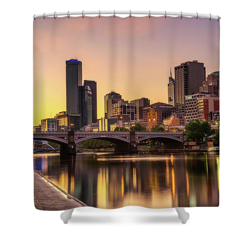 Australia Shower Curtain featuring the photograph Sunset over skyscrapers of Melbourne downtown and Princes Bridge by Miroslav Liska