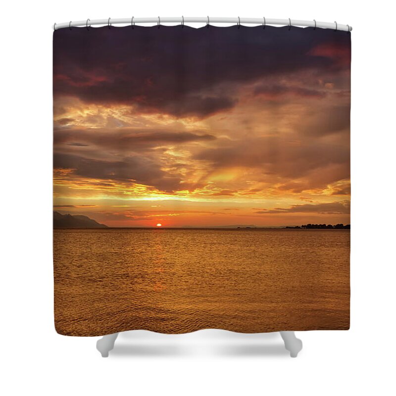 Sunset Shower Curtain featuring the photograph Sunset over the sea, Opuzen, Croatia by Elenarts - Elena Duvernay photo
