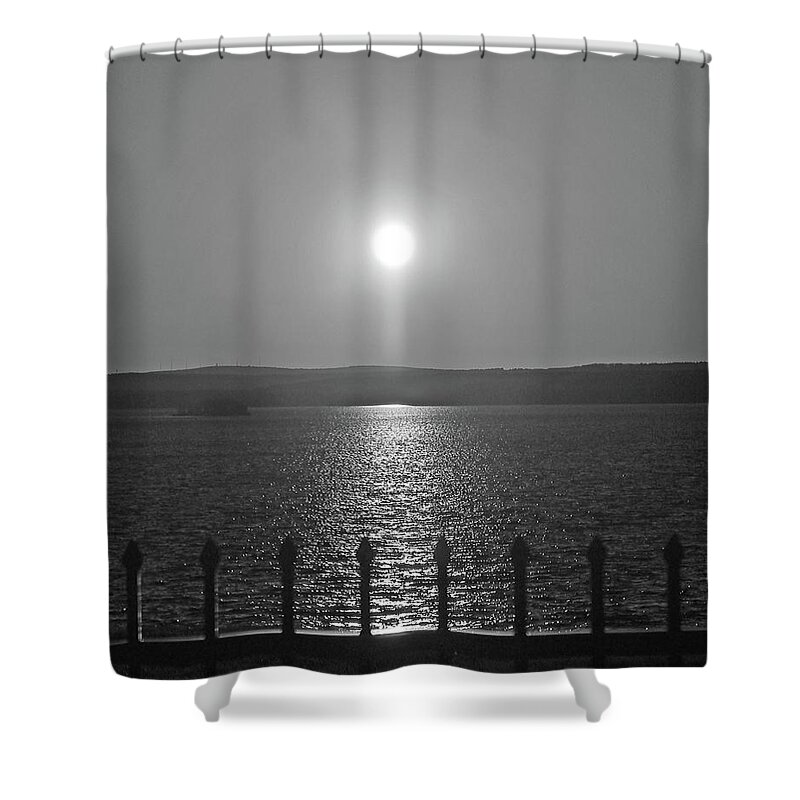 Black & White Landscape Shower Curtain featuring the photograph Sunset Over Wachusett Reservoir BNW by Michael Saunders