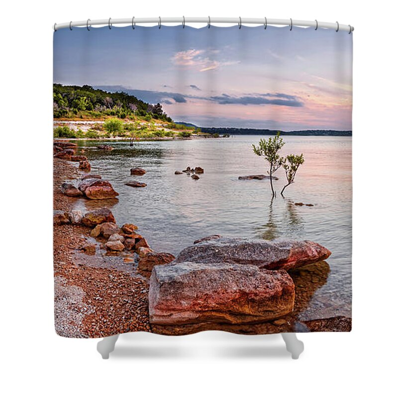 State Shower Curtain featuring the photograph Sunset Panorama of Canyon Lake East Shore New Braunfels Guadalupe River Texas Hill Country by Silvio Ligutti