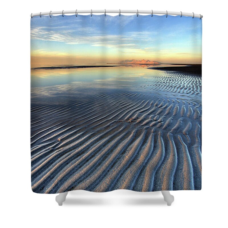 Landscape Shower Curtain featuring the photograph Sunset Ripples and Antelope Island by Brett Pelletier