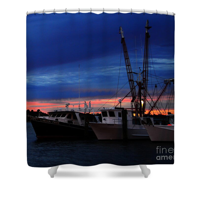 Sunset Shower Curtain featuring the photograph Sunset river marina by Julianne Felton