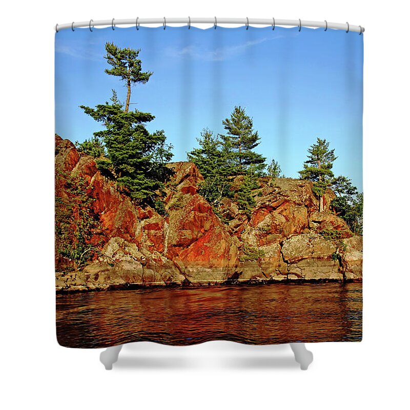 French River Shower Curtain featuring the photograph Sunset Rock by Debbie Oppermann