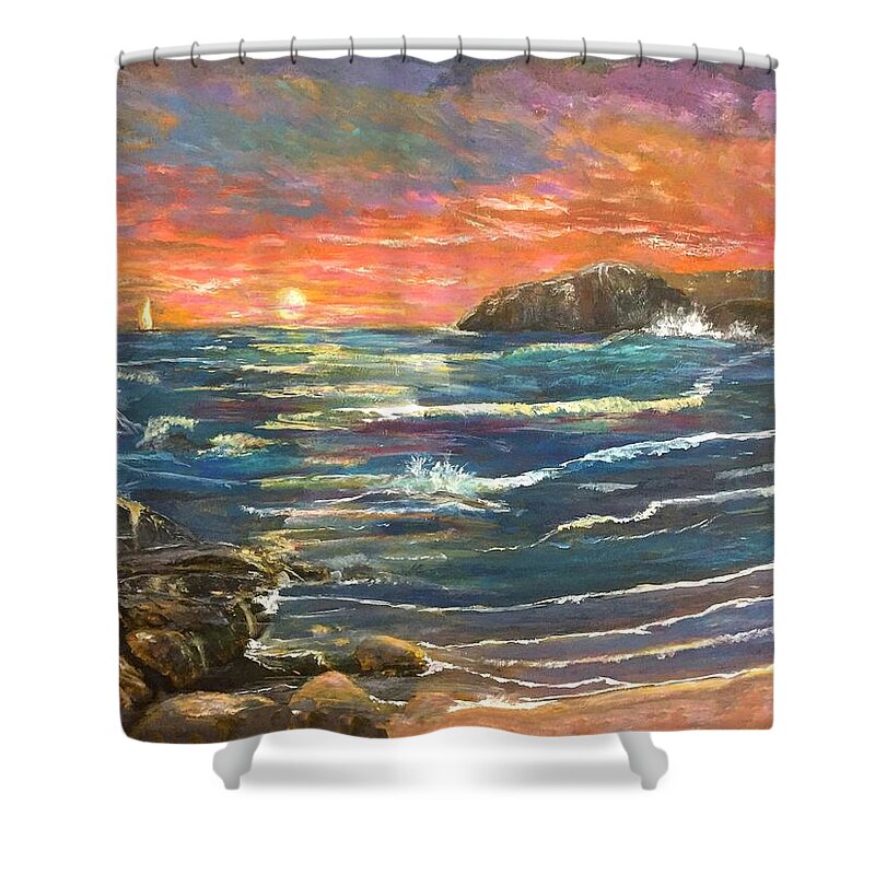 Red Sky Sailing Shower Curtain featuring the painting Sunset Sails by Anne Sands
