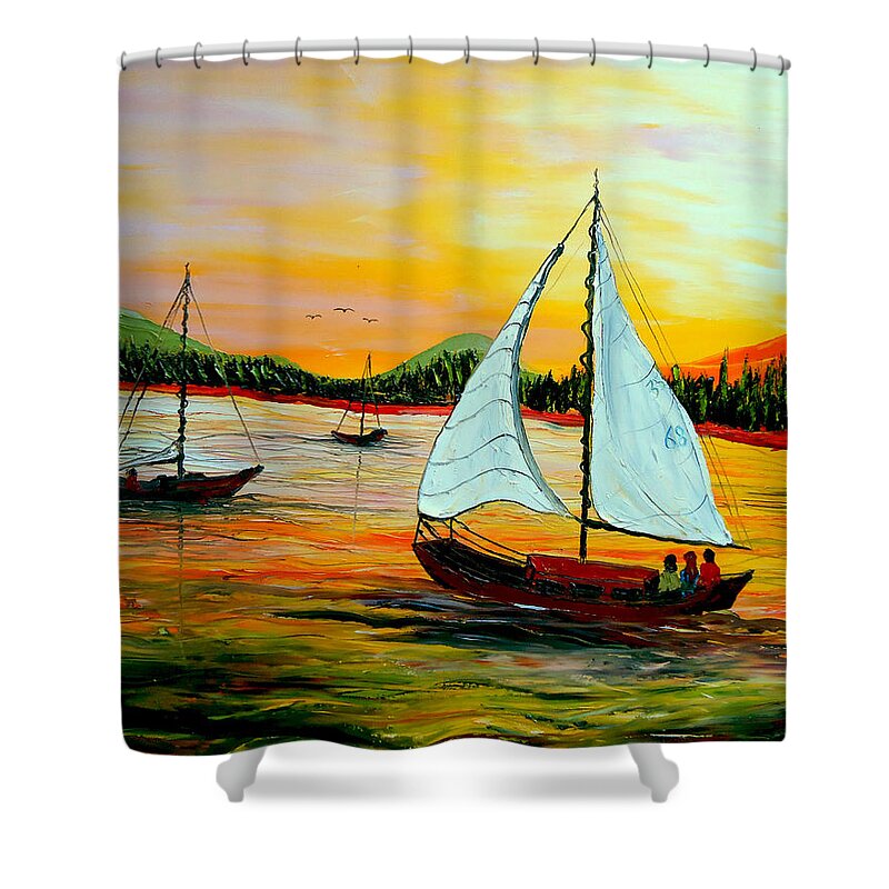  Shower Curtain featuring the painting Sunset Sails by James Dunbar