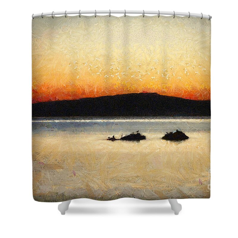 Art Shower Curtain featuring the painting Sunset Seascape by Dimitar Hristov