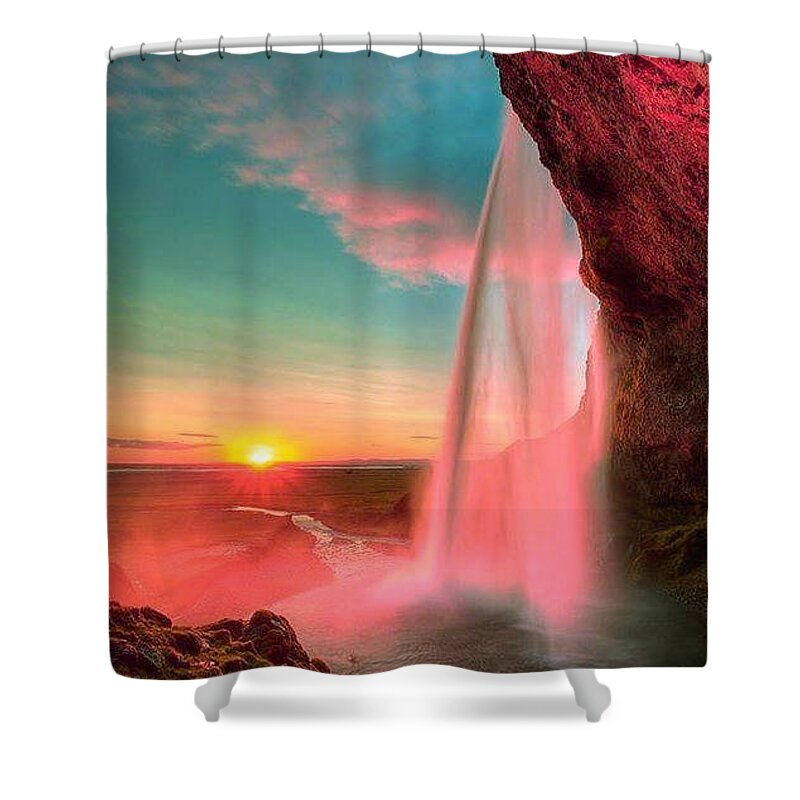 Beautiful! Sunset Through A Waterfall Shower Curtain featuring the photograph Sunset through a waterfall by Andy Bucaille