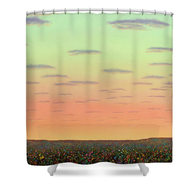 Sunset Shower Curtain featuring the painting Sunset with Wildflowers by James W Johnson