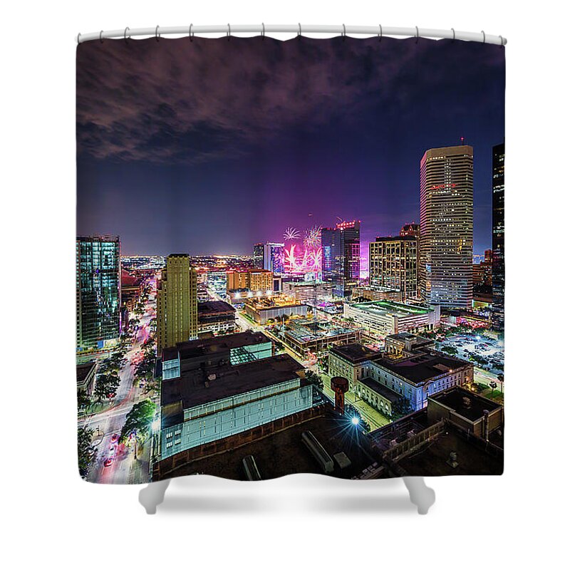 Super Shower Curtain featuring the photograph Super Bowl LI Down Town Houston Fireworks by Micah Goff