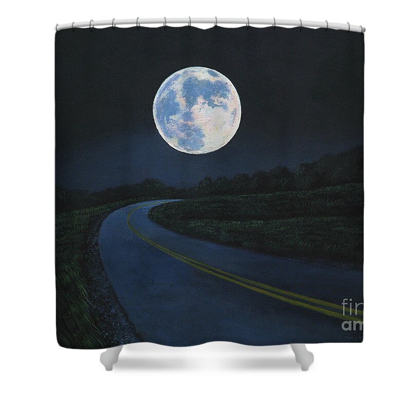 Super Moon Shower Curtain featuring the painting Super Moon at the end of the road by Christopher Shellhammer