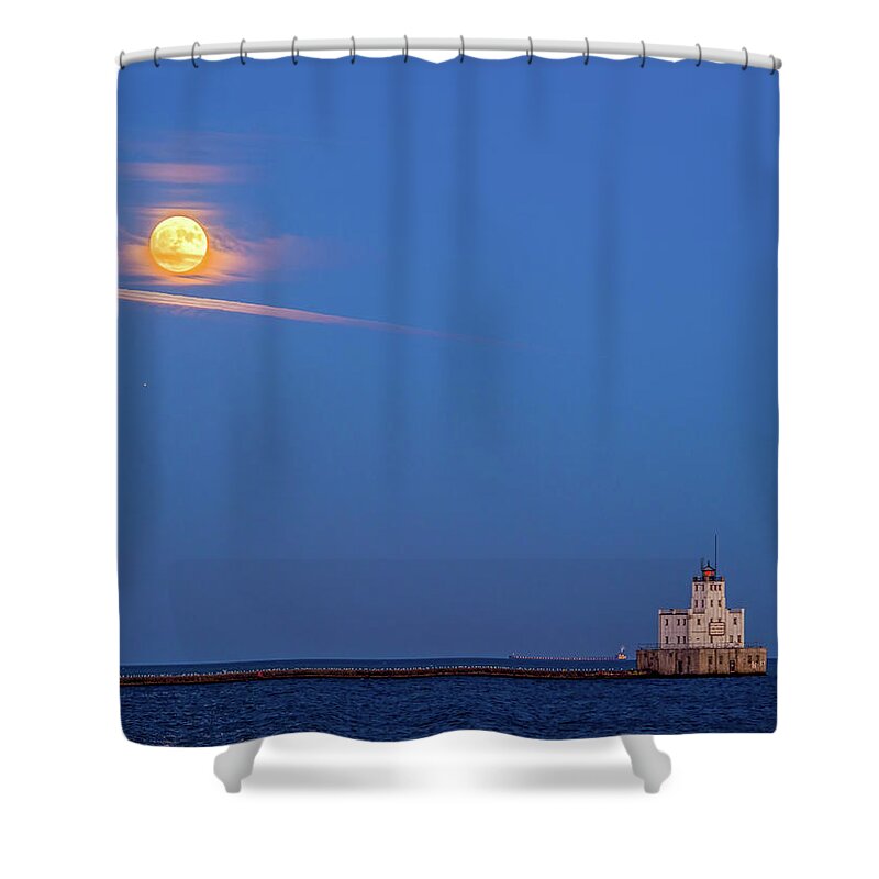 Lake Michigan Shower Curtain featuring the photograph Supermoon over the white lighthouse by Kristine Hinrichs