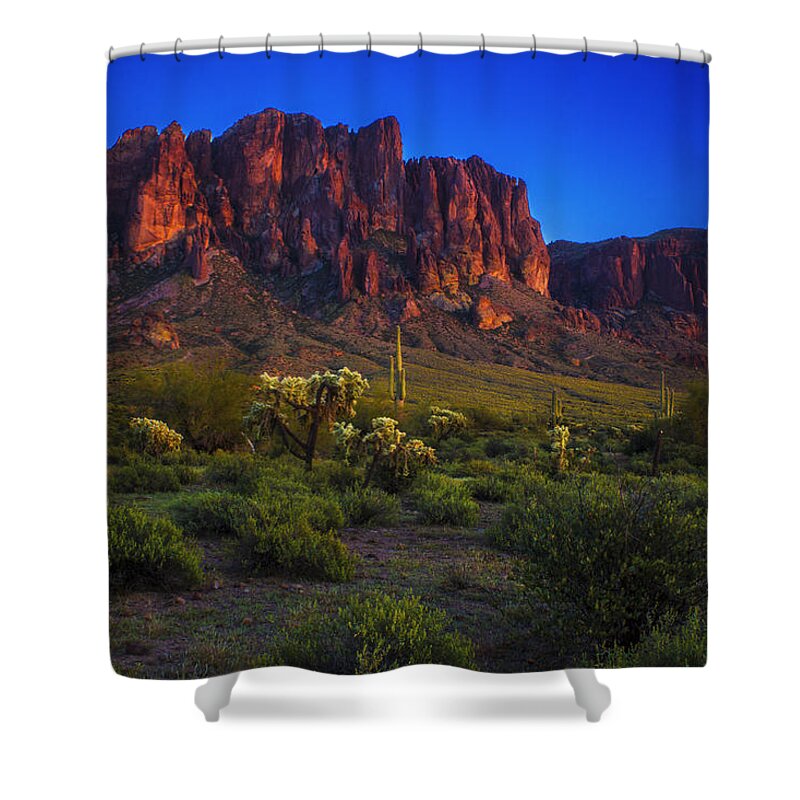 Arizona Shower Curtain featuring the photograph Superstition Mountain Sunset by Roger Passman
