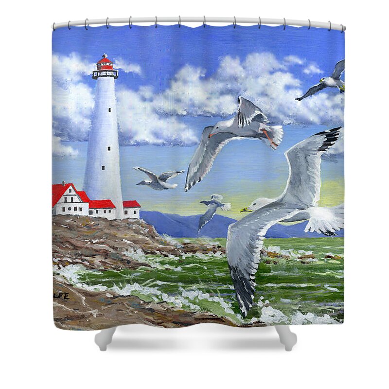 Lighthouse Shower Curtain featuring the painting Surf And Turf by Richard De Wolfe
