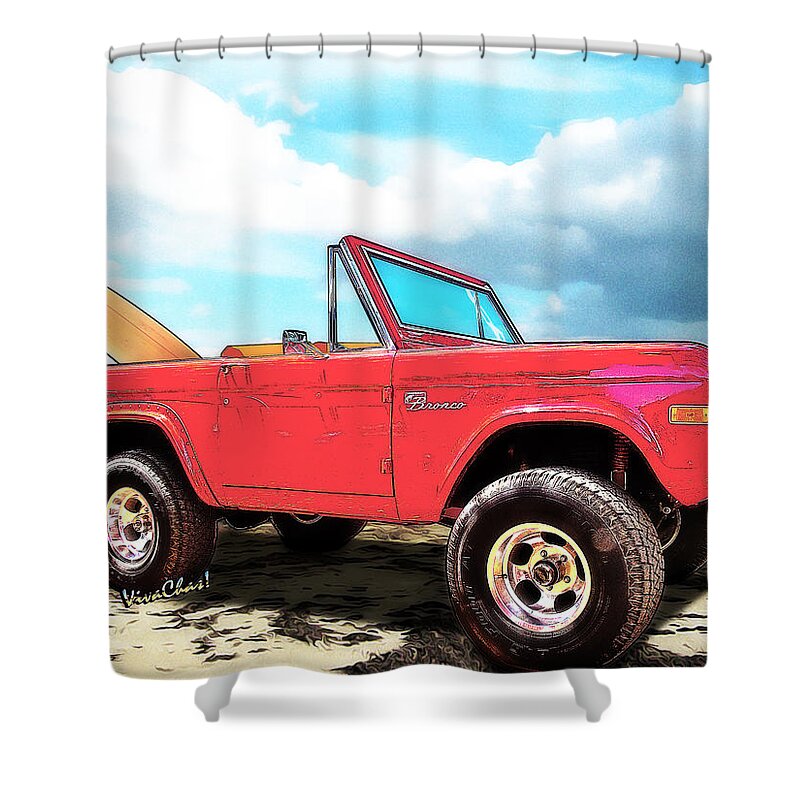 1972 Shower Curtain featuring the digital art Surf Bronco Beyond the 4 Wheel Drive Only Sign Padre Island by Chas Sinklier