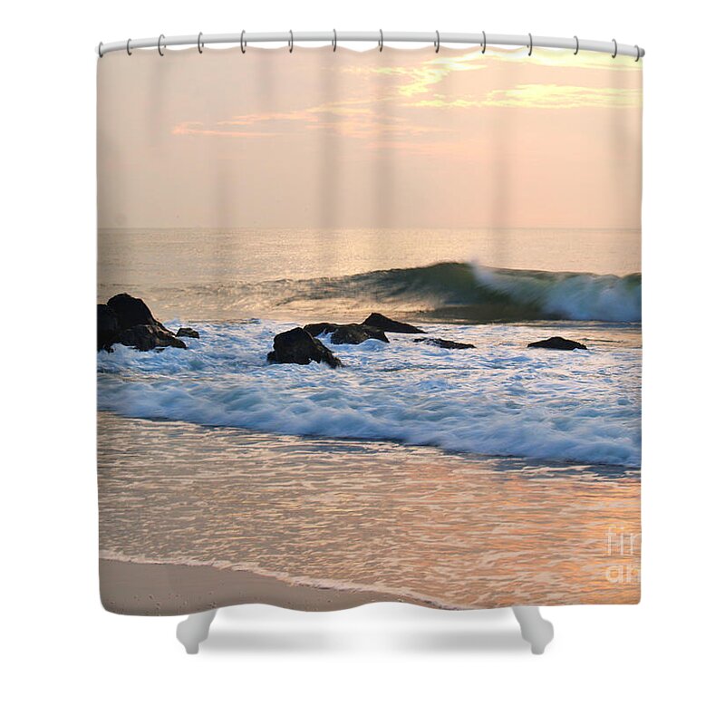 Beach Shower Curtain featuring the photograph Surf in Peachy Ocean Grove Sunrise by Anna Lisa Yoder