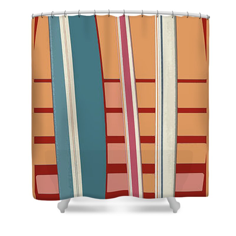 Surf Shower Curtain featuring the digital art Surfboard Sunset by Edward Fielding
