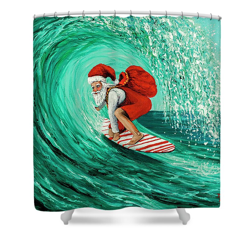 Christmas Shower Curtain featuring the painting Surfing Santa by Darice Machel McGuire