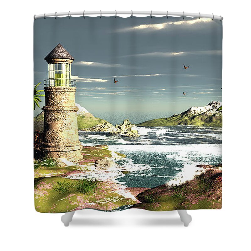 Lighthouse Shower Curtain featuring the digital art Susan Beach Lighthouse by John Junek