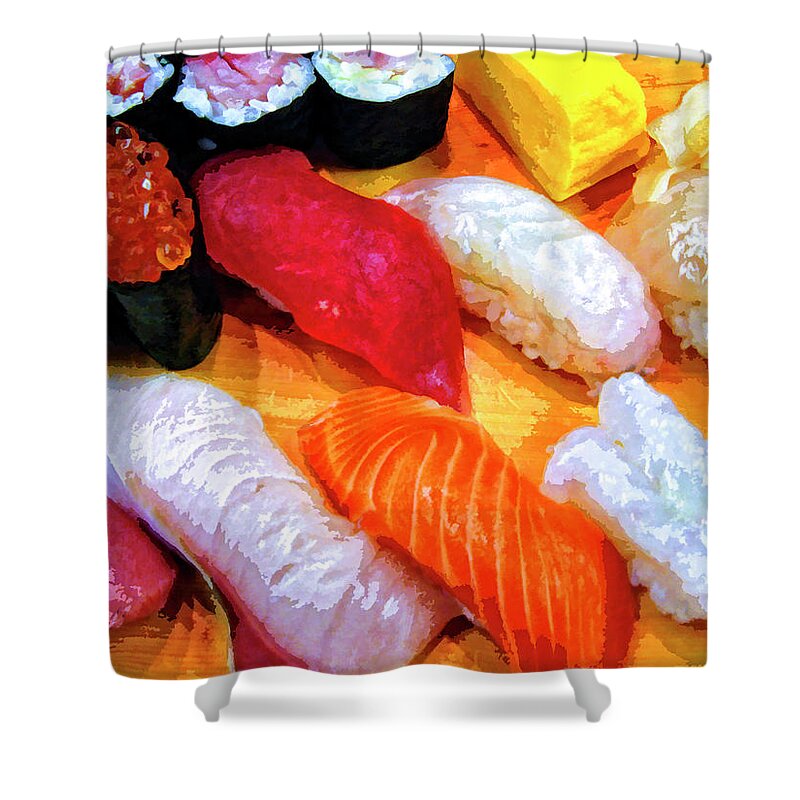 Sushi Plate Shower Curtain featuring the mixed media Sushi Plate 4 by Dominic Piperata