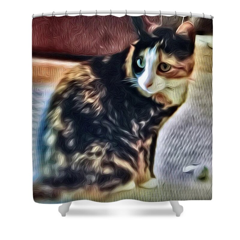Cat Shower Curtain featuring the digital art Suzie II by Lessandra Grimley