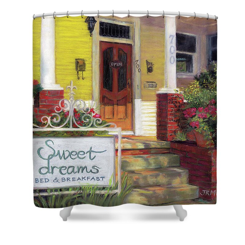 Sweet Dreams Bed & Breakfast Shower Curtain featuring the pastel Sweet Dreams by Julie Maas
