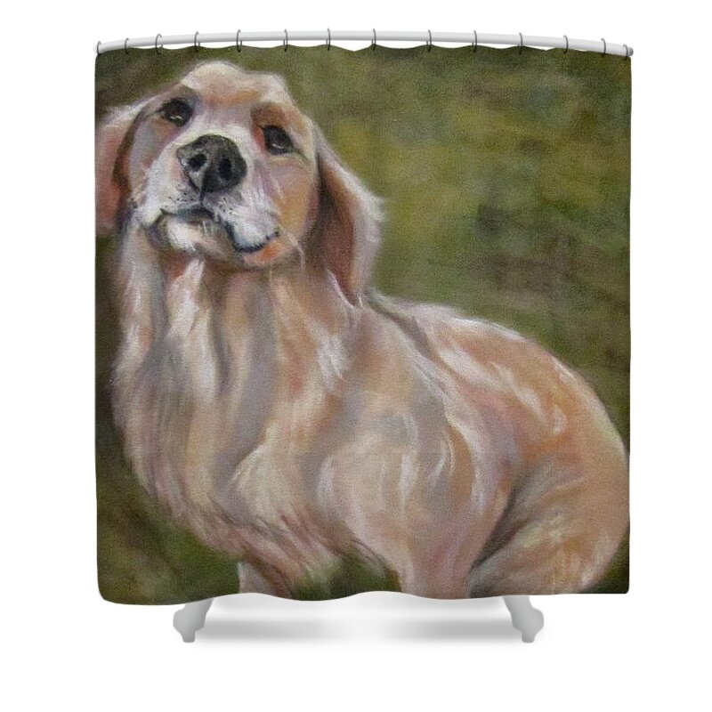 Dog Shower Curtain featuring the pastel Sweet Golden by Barbara O'Toole