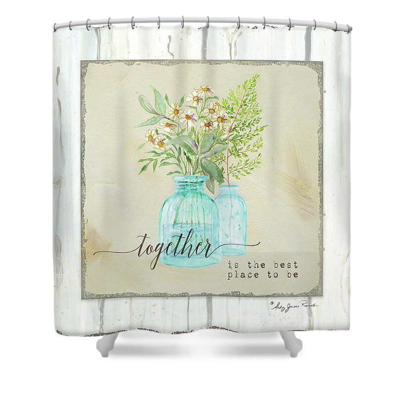 Aqua Shower Curtain featuring the painting Sweet Life Farmhouse 2 Together Aqua Vintage Antique Bottles with Daisies Fern Frond Shiplap Wood by Audrey Jeanne Roberts