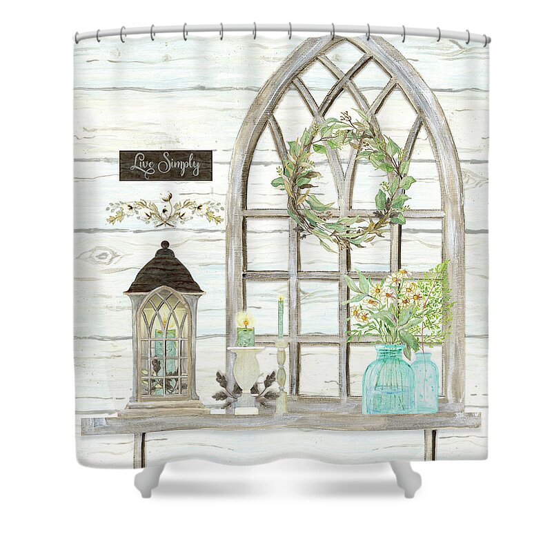  Shower Curtain featuring the painting Sweet Life Farmhouse 3 Gothic Window Lantern Floral Shiplap Wood by Audrey Jeanne Roberts