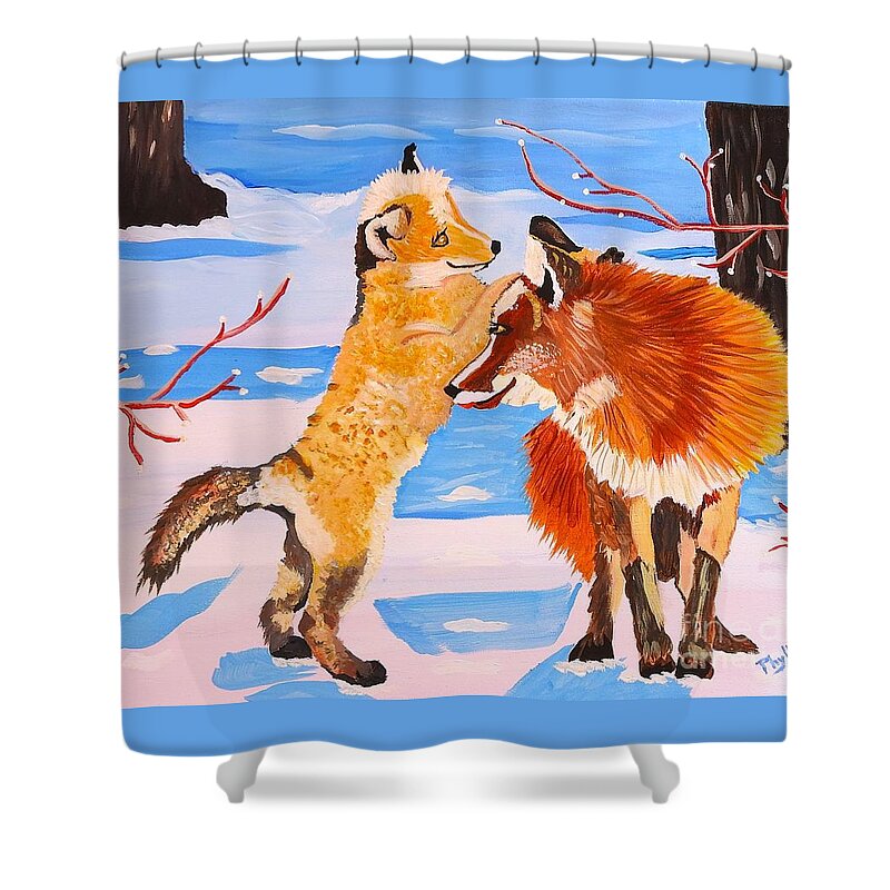 Sweet Vixen And Kit Foxes Shower Curtain featuring the painting Sweet Vixen and Kit Foxes by Phyllis Kaltenbach