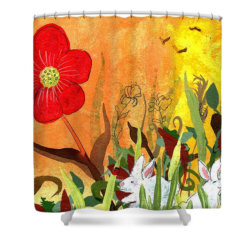 Sweetheart Bunnies Shower Curtain featuring the painting Sweetheart Bunnies by Robin Pedrero