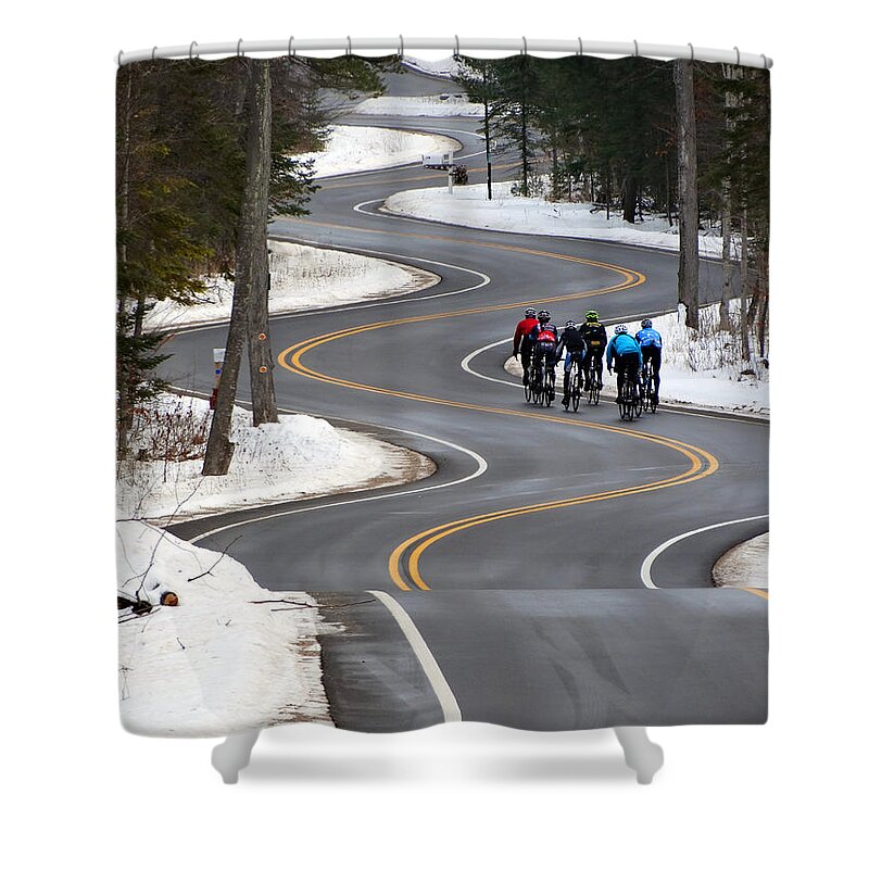 Winter Shower Curtain featuring the photograph Swervy Road Winter Ride by David T Wilkinson