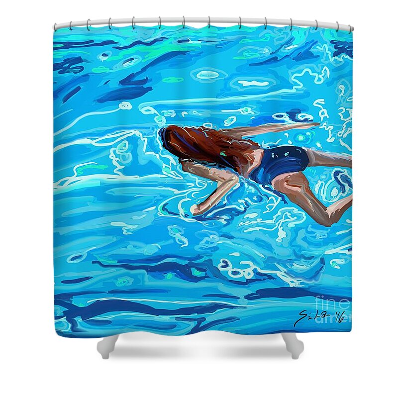 Swimmers Shower Curtain featuring the digital art Swimmer 2 by Lidija Ivanek - SiLa