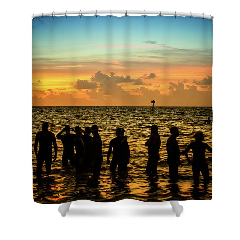 Landscape Shower Curtain featuring the photograph Swimmers Sunrise by Joe Shrader