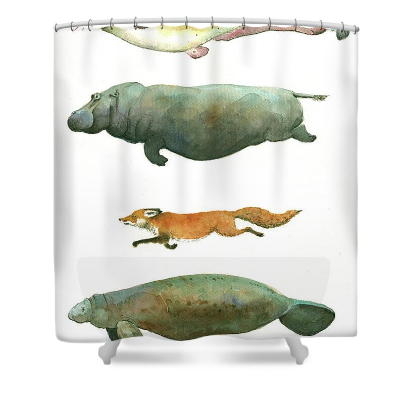 Catfish Art Shower Curtain featuring the painting Swimming animals by Juan Bosco